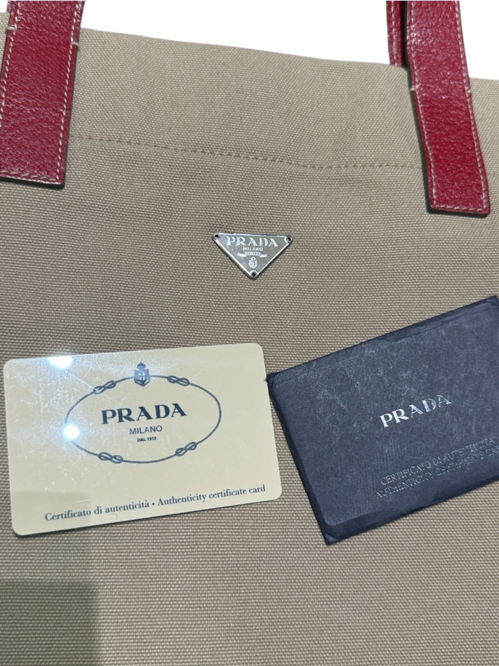 Vintage Prada Enameled Triangle Logo Canapa Cinghi Canvas Tote Red Leather Trim - Picture 6 of 8